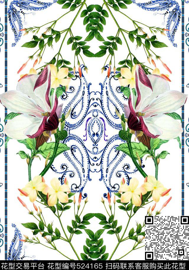 MAX-定位欧美民族风四边定位手绘欧美风情花卉数码印花华亿平台下载（图片编号: 524165） - 瓦栏（Walan）
