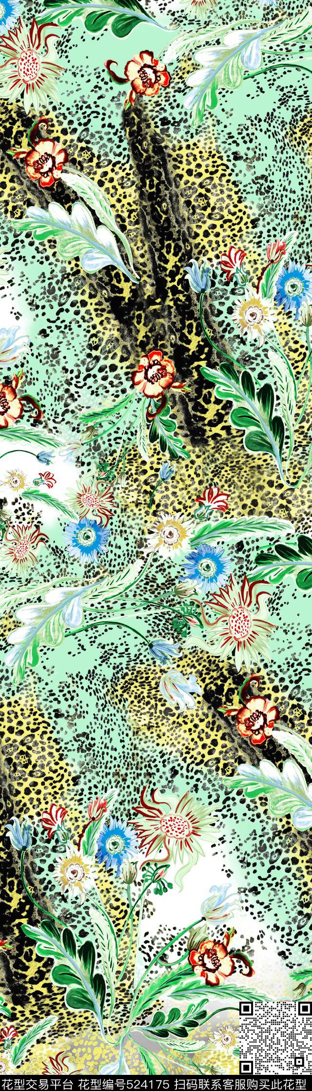 现代花卉豹纹底数码印花华亿平台下载（图片编号: 524175） - 瓦栏（Walan）