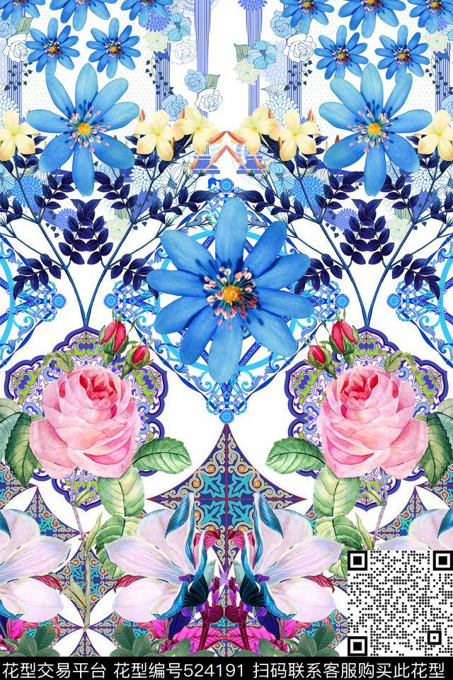 MAX-定位欧美民族风手绘时尚油画花卉流行时尚定位花数码印花华亿平台下载（图片编号: 524191） - 瓦栏（Walan）