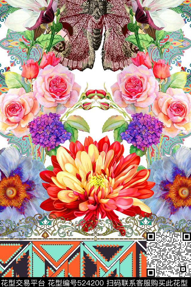 MAX-定位欧美民族风几何三角形花边手绘立体花卉蝴蝶数码印花华亿平台下载（图片编号: 524200） - 瓦栏（Walan）