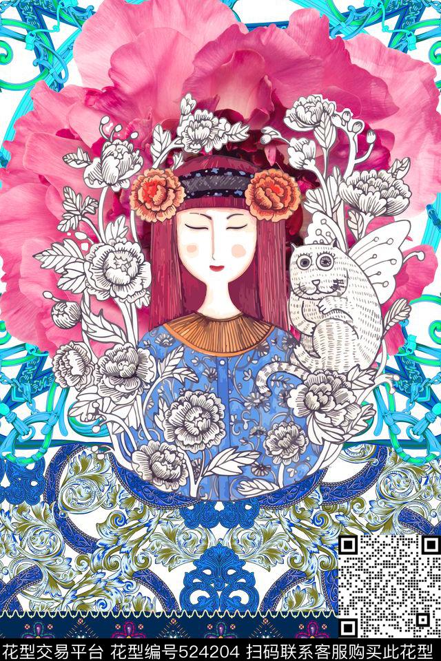 MAX-定位欧美民族风几何手绘花姑娘数码印花华亿平台下载（图片编号: 524204） - 瓦栏（Walan）
