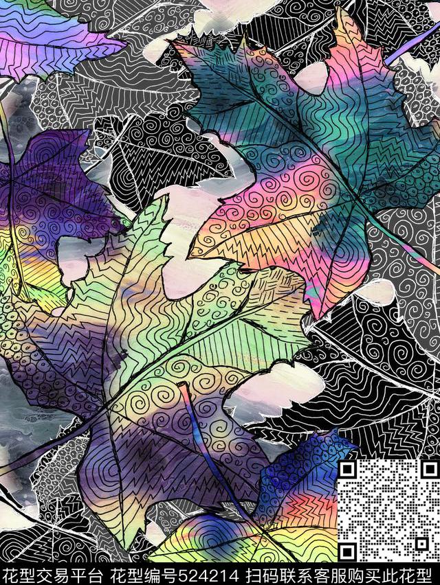 炫彩彩虹色调枫叶数码印花华亿平台下载（图片编号: 524214） - 瓦栏（Walan）