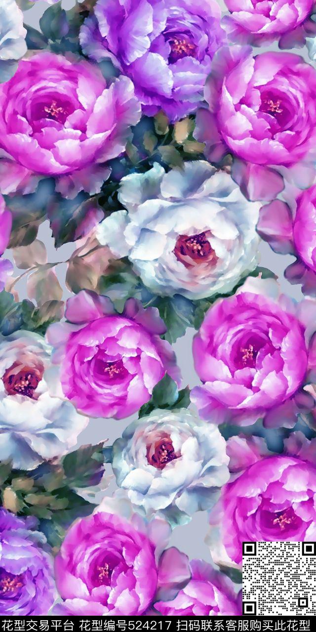 丝绸真丝棉布水彩花卉时尚流行新潮数码印花华亿平台下载（图片编号: 524217） - 瓦栏（Walan）