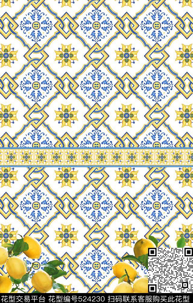 几何小花水果数码印花华亿平台下载（图片编号: 524230） - 瓦栏（Walan）