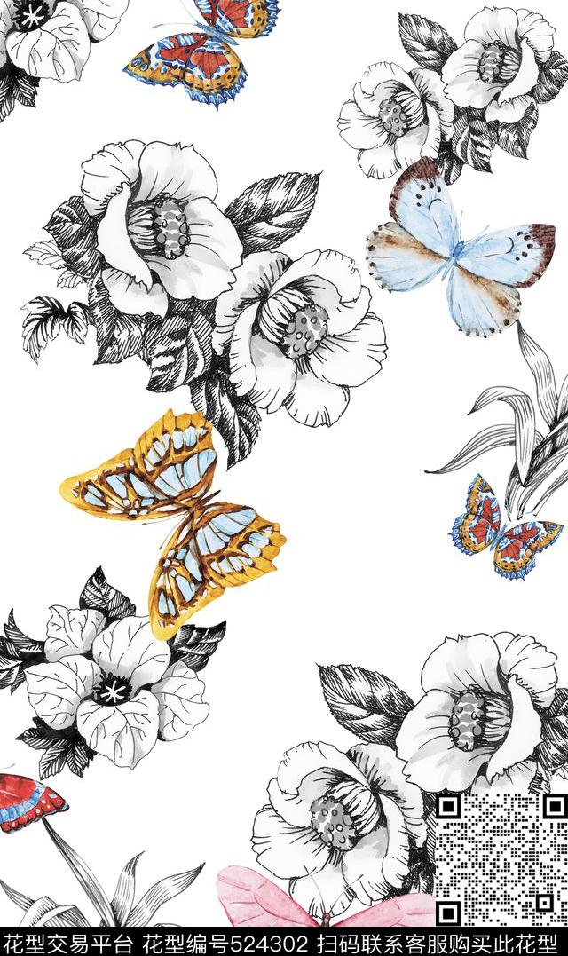 黑白花蝴蝶数码印花华亿平台下载（图片编号: 524302） - 瓦栏（Walan）