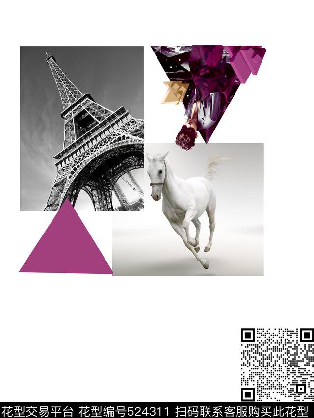 t恤华亿平台埃菲尔铁塔白马数码印花华亿平台下载（图片编号: 524311） - 瓦栏（Walan）