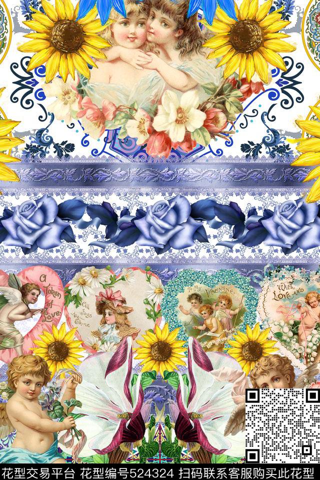 MAX-定位欧美民族风手绘太阳花爱心天使花卉蕾丝玫瑰数码印花华亿平台下载（图片编号: 524324） - 瓦栏（Walan）