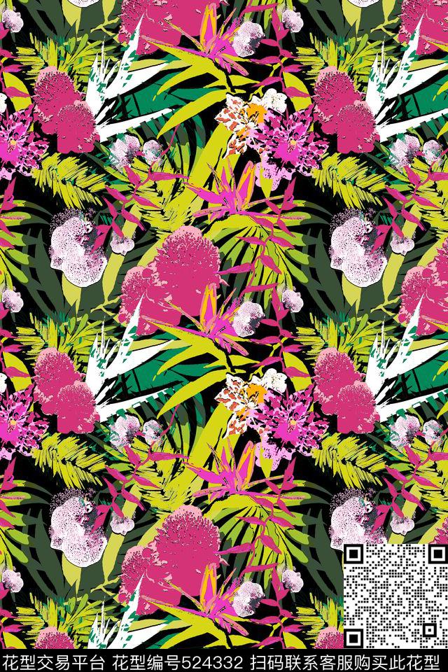热带风情炫彩花卉剑兰夏季女士长裙男士休闲短裤数码印花华亿平台下载（图片编号: 524332） - 瓦栏（Walan）