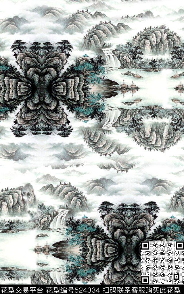 中国风水墨山水画中国风水墨山水画松树亭子船家纺窗帘服装中国风数码印花华亿平台下载（图片编号: 524334） - 瓦栏（Walan）
