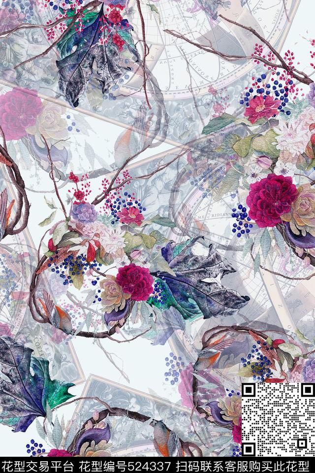 沙发布艺四方连续花鸟植物数码印花华亿平台下载（图片编号: 524337） - 瓦栏（Walan）