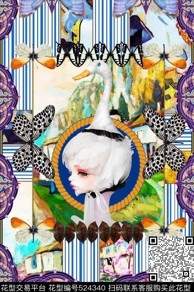 MAX-定位欧美民族风几何条纹手绘天鹅公主蝴蝶翩飞双边数码印花华亿平台下载（图片编号: 524340） - 瓦栏（Walan）