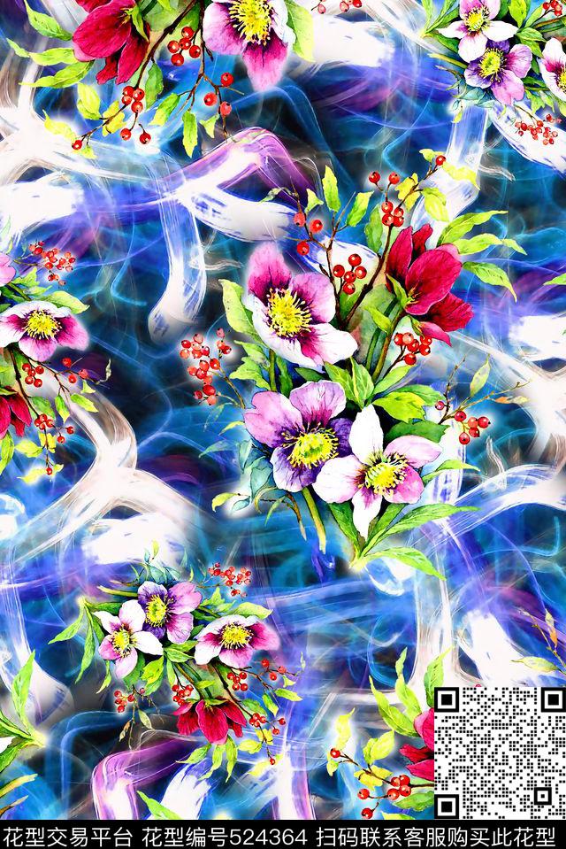 抽象炫彩底纹花卉数码印花华亿平台下载（图片编号: 524364） - 瓦栏（Walan）