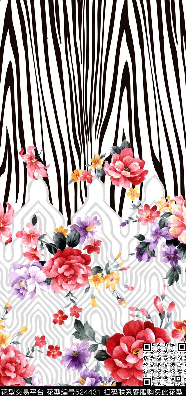 甜美经典斑马纹手绘花卉数码印花华亿平台下载（图片编号: 524431） - 瓦栏（Walan）