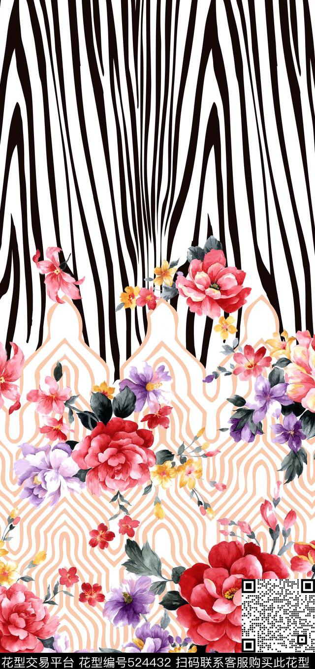 甜美经典斑马纹手绘花卉数码印花华亿平台下载（图片编号: 524432） - 瓦栏（Walan）