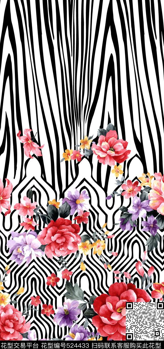 甜美经典斑马纹手绘花卉数码印花华亿平台下载（图片编号: 524433） - 瓦栏（Walan）