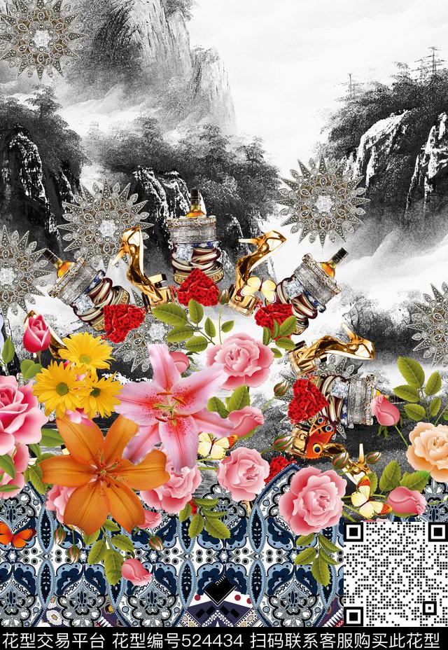 潮流时尚建筑佩斯利花纹神庙数码印花华亿平台下载（图片编号: 524434） - 瓦栏（Walan）