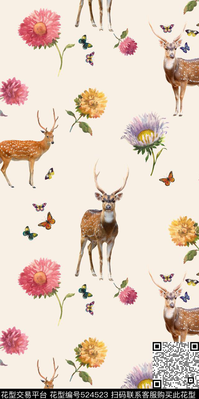 梅花鹿小花蝴蝶数码印花华亿平台下载（图片编号: 524523） - 瓦栏（Walan）