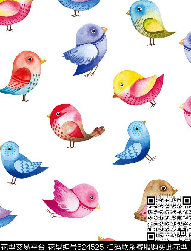 清新水彩满版印花水彩小鸟数码印花华亿平台下载（图片编号: 524525） - 瓦栏（Walan）