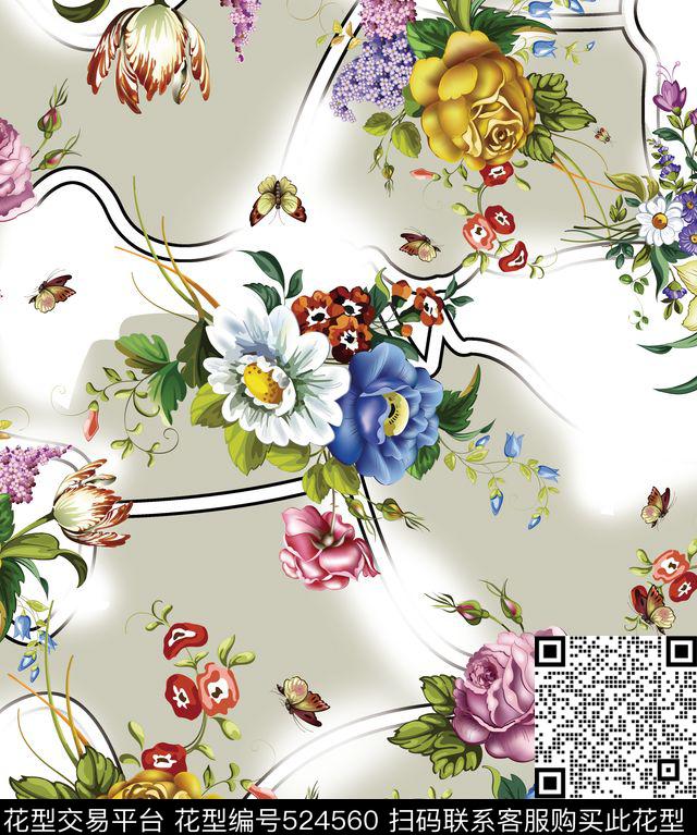 时尚复古灰底花卉时尚复古花卉灰色条纹底流行时尚花卉数码印花华亿平台下载（图片编号: 524560） - 瓦栏（Walan）