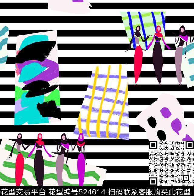 抽象女装短裙人物插画传统印花华亿平台下载（图片编号: 524614） - 瓦栏（Walan）