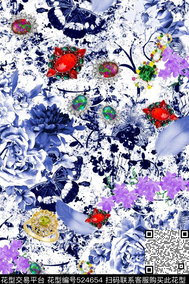 抽象纹理青花瓷手绘花卉数码印花华亿平台下载（图片编号: 524654） - 瓦栏（Walan）