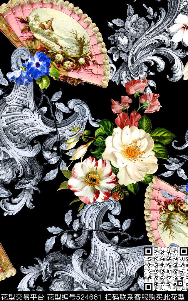 时尚卷草花卉数码印花华亿平台下载（图片编号: 524661） - 瓦栏（Walan）