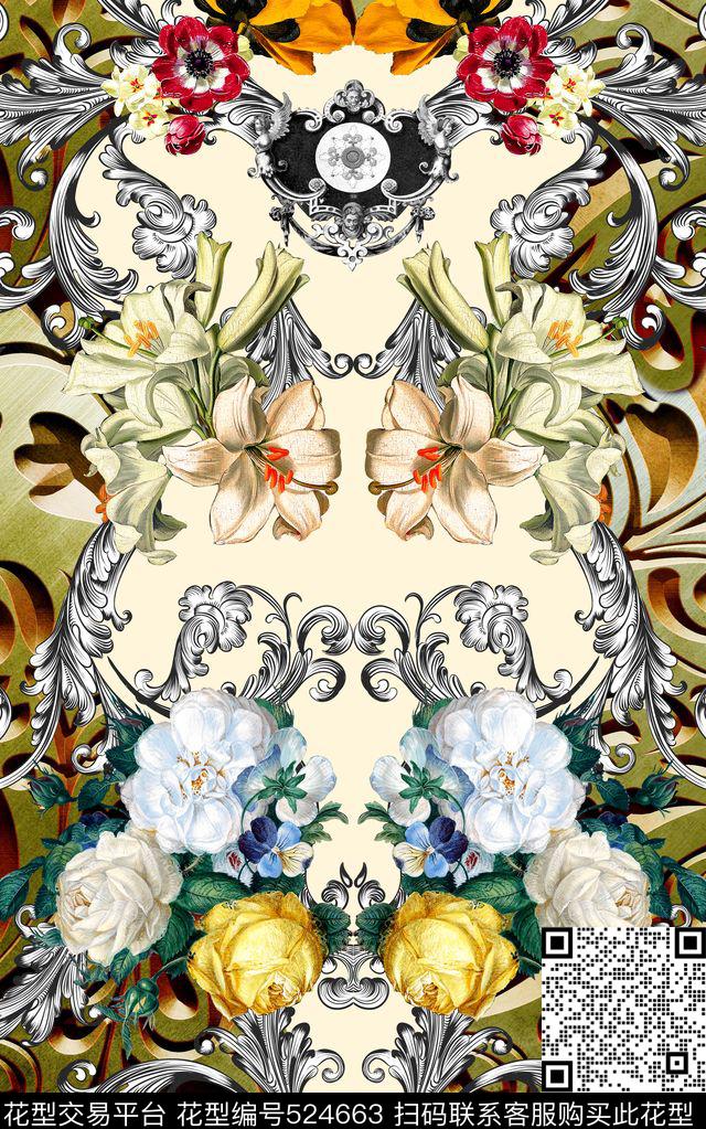 欧式条纹卷草数码印花华亿平台下载（图片编号: 524663） - 瓦栏（Walan）
