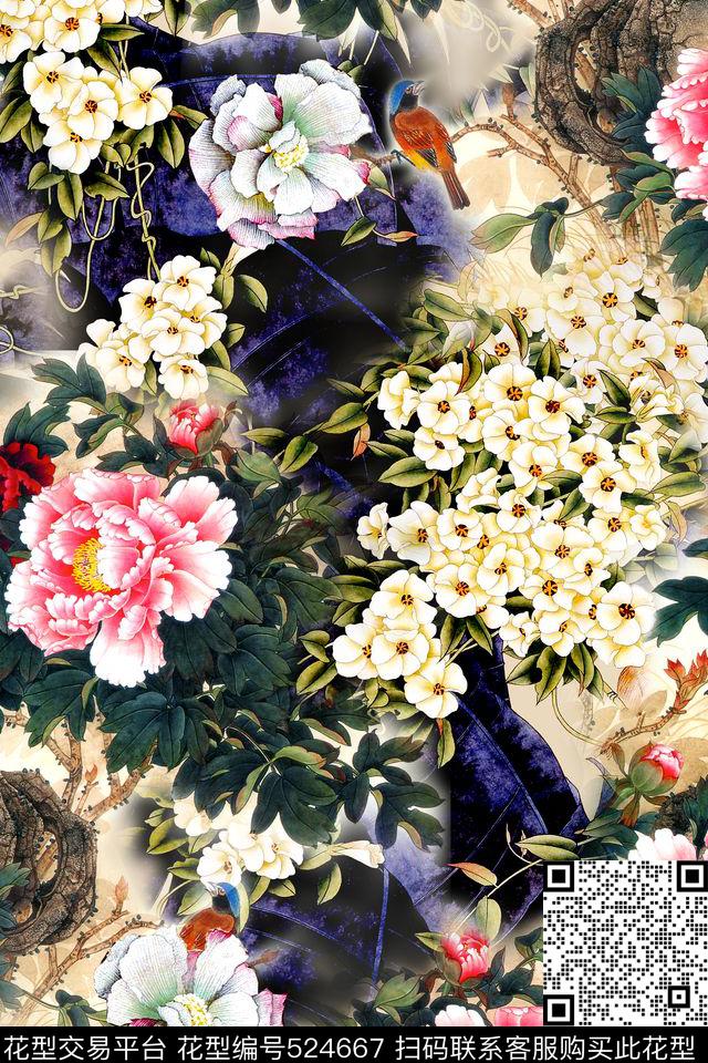 中国风牡丹花卉数码印花华亿平台下载（图片编号: 524667） - 瓦栏（Walan）