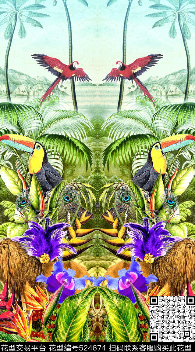 时尚棕榈树狮子数码印花华亿平台下载（图片编号: 524674） - 瓦栏（Walan）