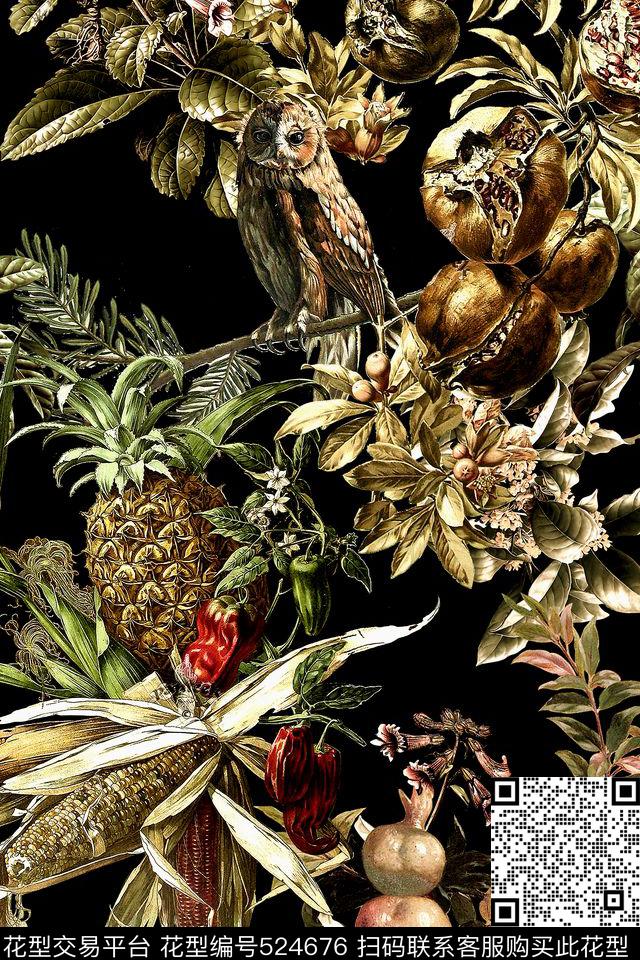 时尚猫头鹰玉米数码印花华亿平台下载（图片编号: 524676） - 瓦栏（Walan）