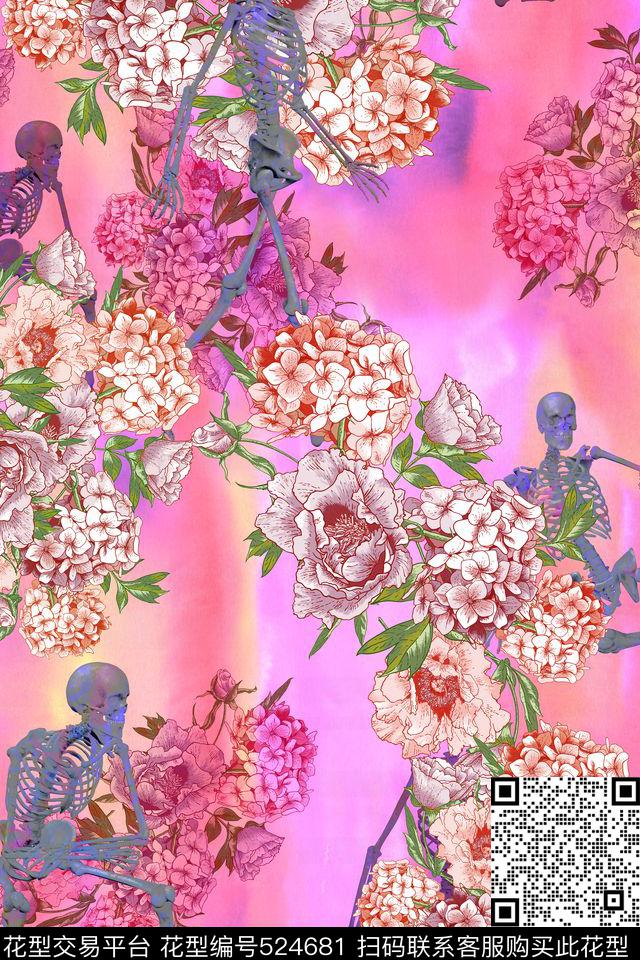 L.D~花卉骷髅L.D~手绘数码印花华亿平台下载（图片编号: 524681） - 瓦栏（Walan）