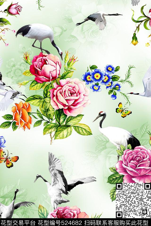 中国风花卉仙鹤数码印花华亿平台下载（图片编号: 524682） - 瓦栏（Walan）