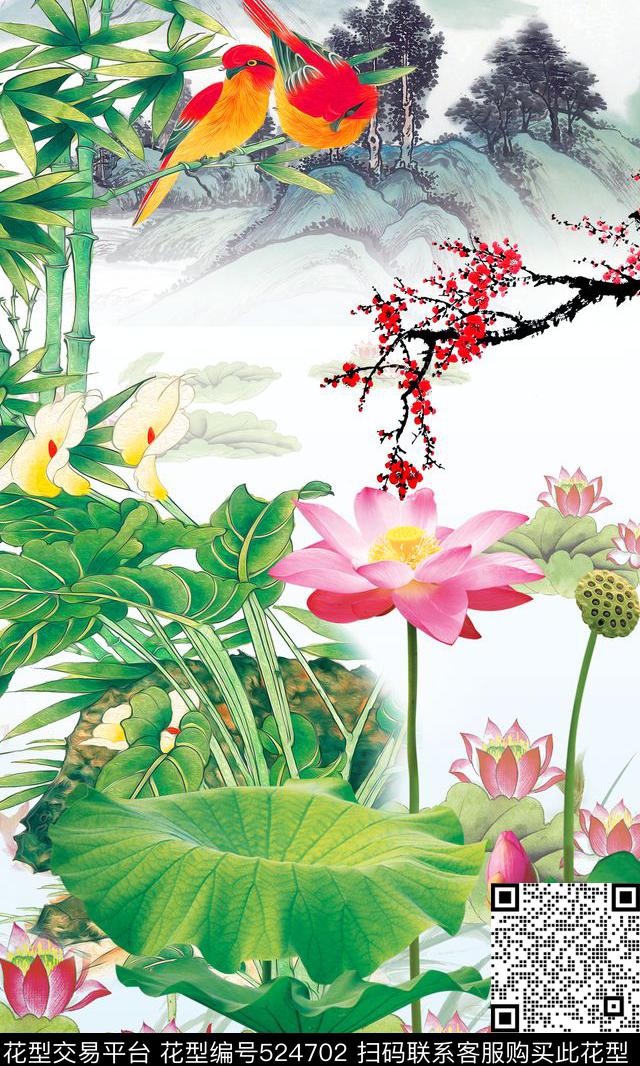 中国风荷花山水水墨花鸟数码印花华亿平台下载（图片编号: 524702） - 瓦栏（Walan）
