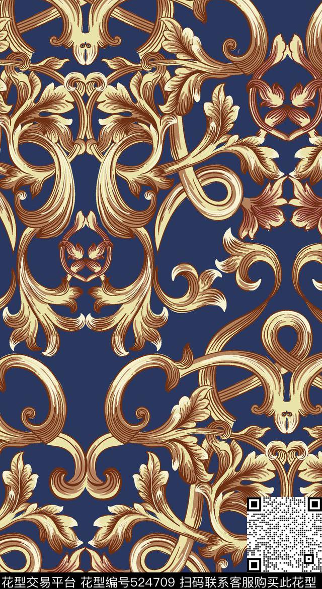 宫廷风大卷叶欧式卷草传统印花华亿平台下载（图片编号: 524709） - 瓦栏（Walan）