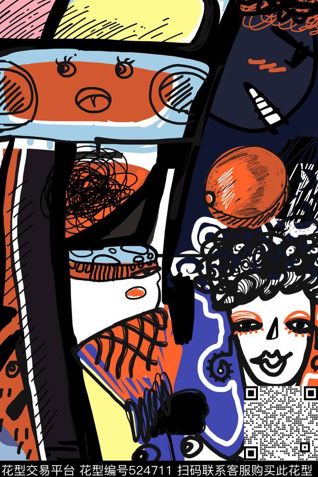 流行时尚手绘涂鸦数码印花华亿平台下载（图片编号: 524711） - 瓦栏（Walan）