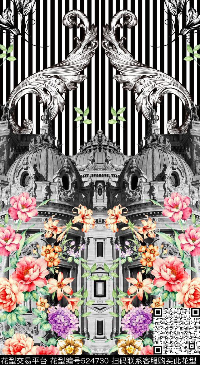 建筑花卉花朵数码印花华亿平台下载（图片编号: 524730） - 瓦栏（Walan）