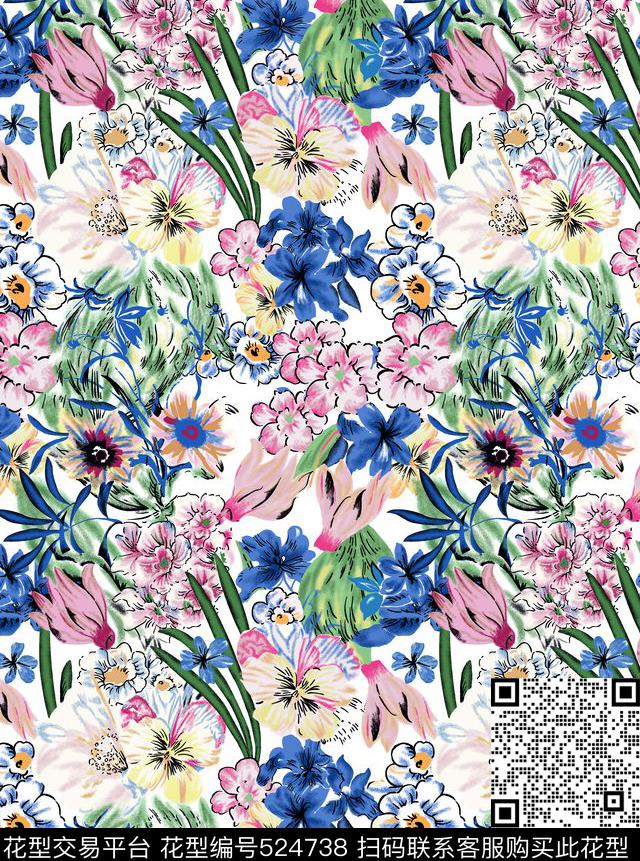 流行时尚休闲喷墨泥点花卉传统印花华亿平台下载（图片编号: 524738） - 瓦栏（Walan）