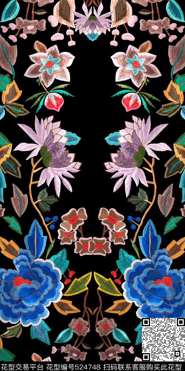 大牌花卉叶子绣花效果数码印花华亿平台下载（图片编号: 524748） - 瓦栏（Walan）