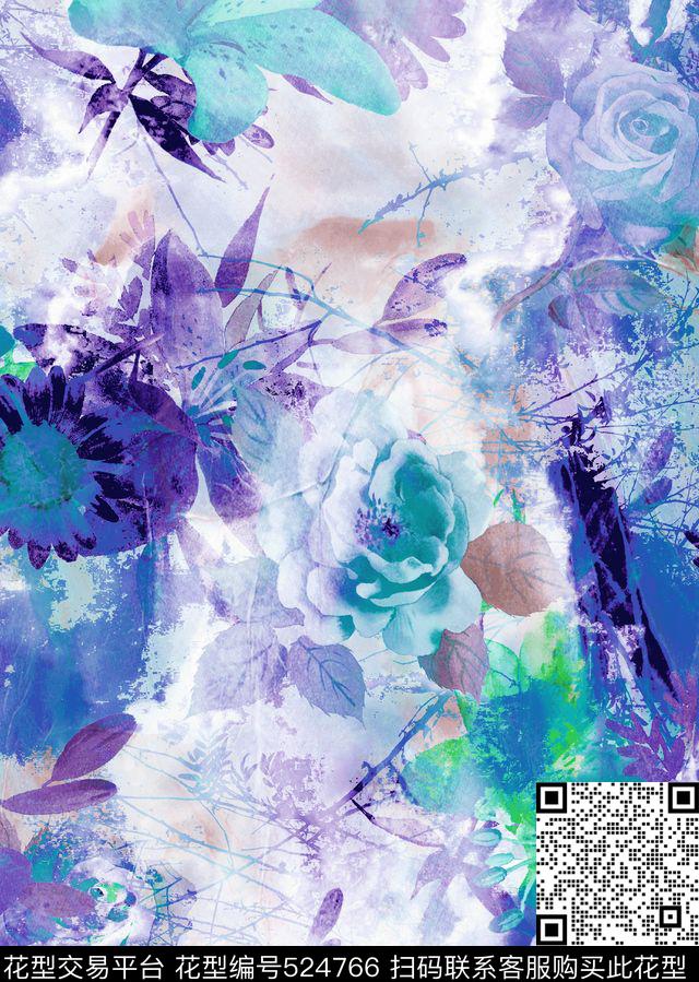 朦胧写意水墨数码印花华亿平台下载（图片编号: 524766） - 瓦栏（Walan）