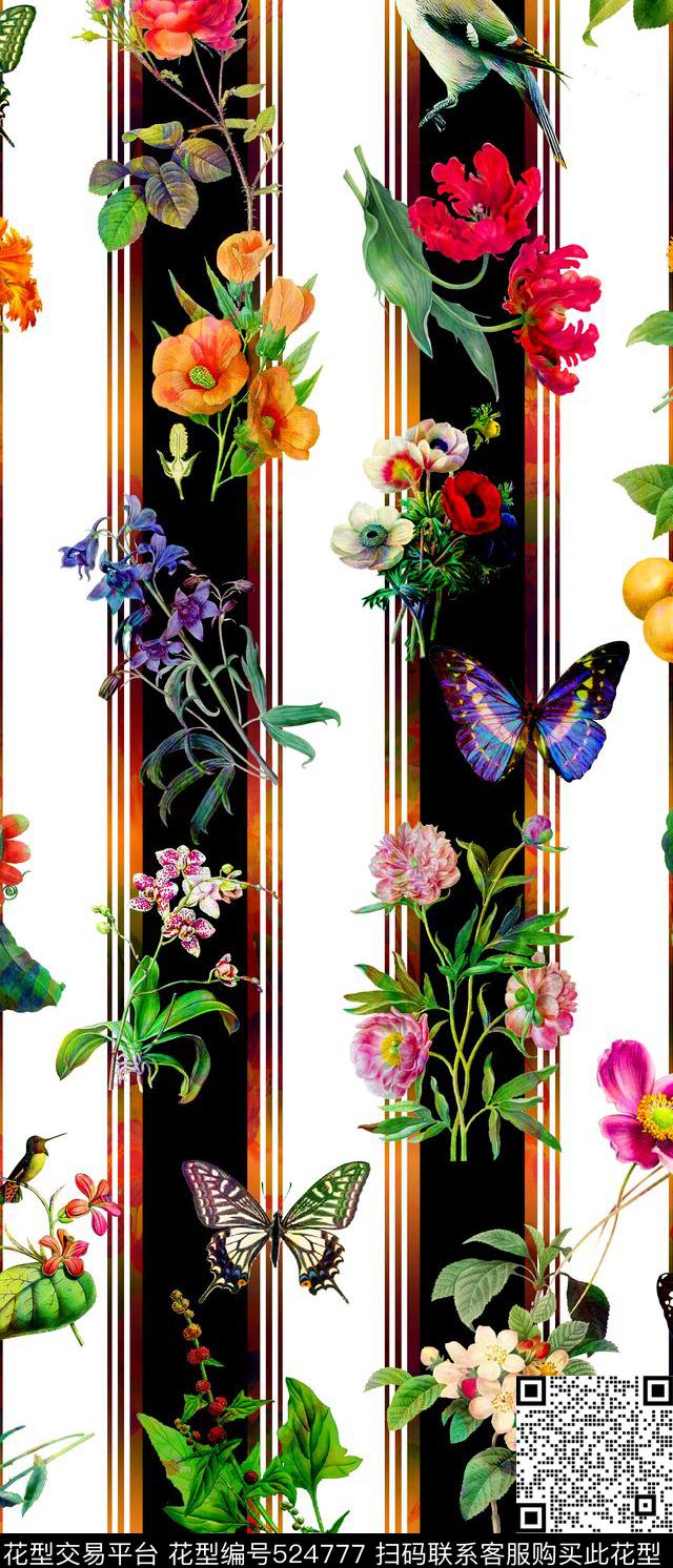 几何底面手绘花卉蝴蝶数码印花华亿平台下载（图片编号: 524777） - 瓦栏（Walan）