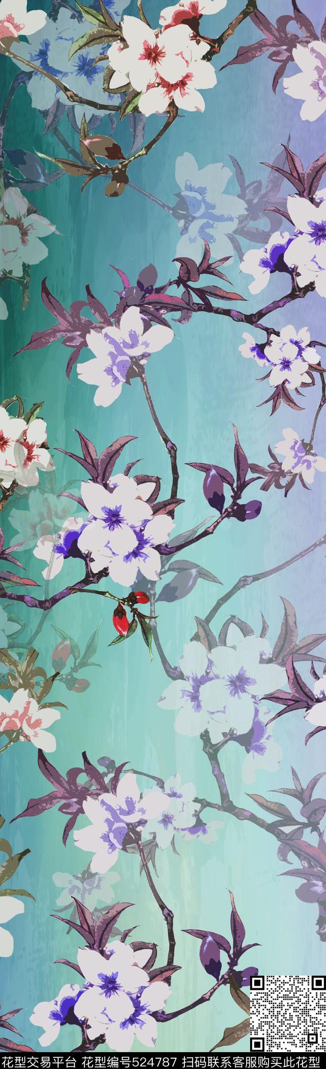 水彩花卉桃花中国风数码印花华亿平台下载（图片编号: 524787） - 瓦栏（Walan）