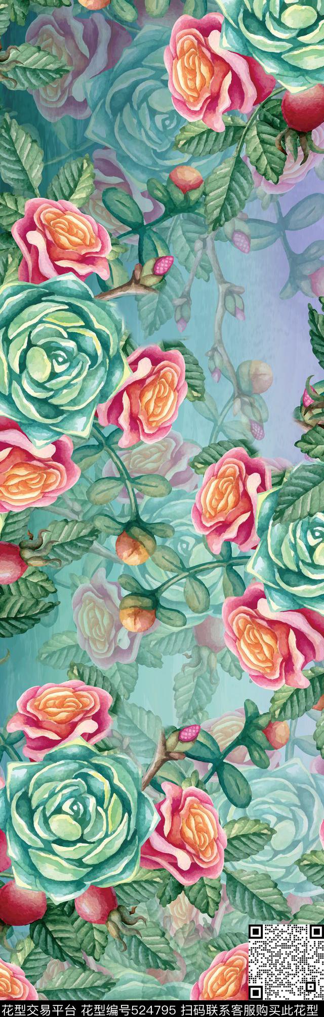 长围巾水彩大花卉水彩玫瑰数码印花华亿平台下载（图片编号: 524795） - 瓦栏（Walan）