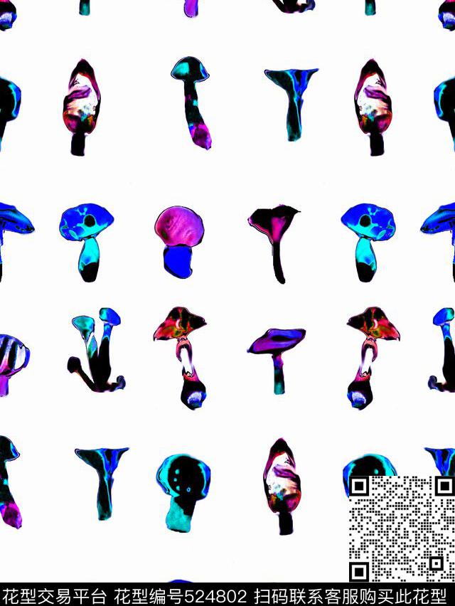 手绘水彩蘑菇服装数码印花华亿平台下载（图片编号: 524802） - 瓦栏（Walan）