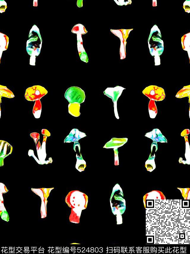 手绘水彩蘑菇服装数码印花华亿平台下载（图片编号: 524803） - 瓦栏（Walan）