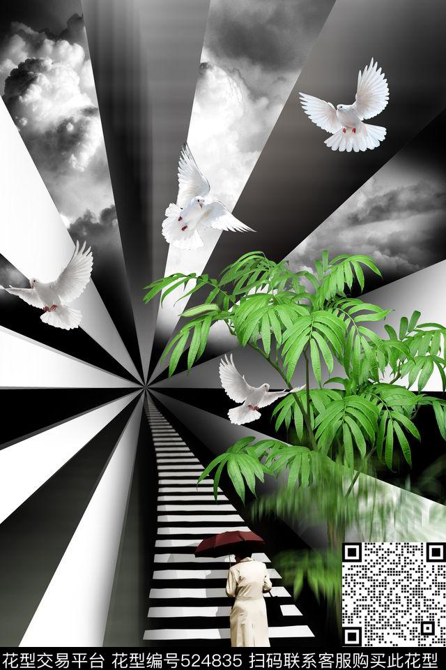 植物白鸽斑马线数码印花华亿平台下载（图片编号: 524835） - 瓦栏（Walan）