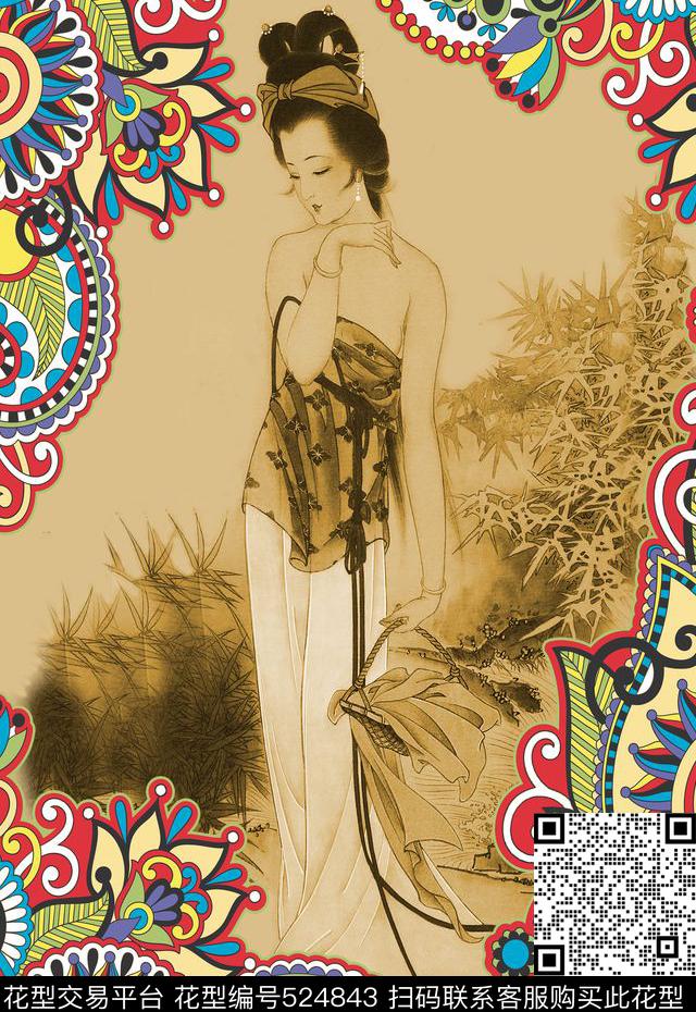 时尚潮流复古独幅印花西施边框窗帘家纺围巾独幅数码印花华亿平台下载（图片编号: 524843） - 瓦栏（Walan）