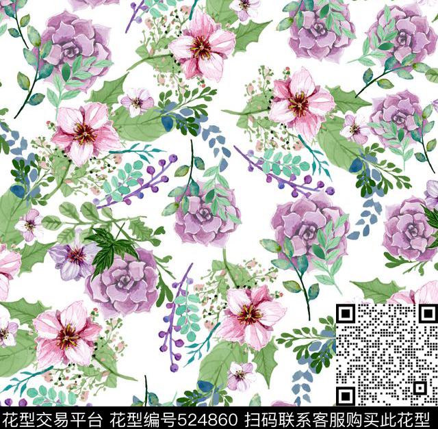 芙蓉花清新水彩花数码印花华亿平台下载（图片编号: 524860） - 瓦栏（Walan）