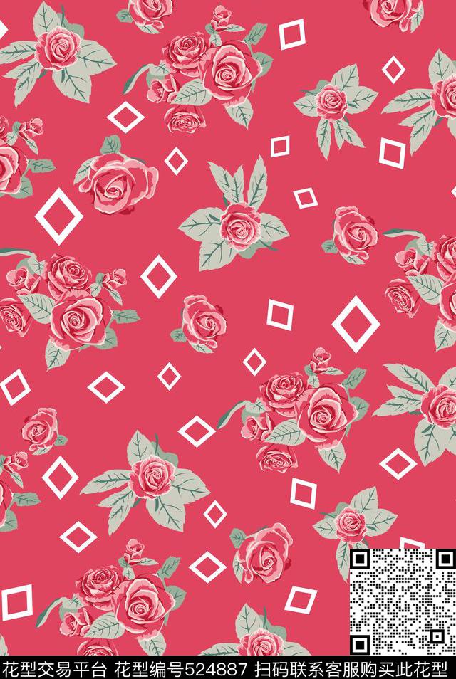 田园风水粉花卉几何传统印花华亿平台下载（图片编号: 524887） - 瓦栏（Walan）