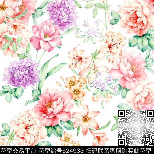 手绘浪漫花卉数码印花华亿平台下载（图片编号: 524933） - 瓦栏（Walan）