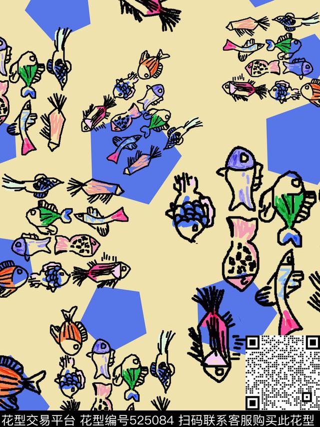几何形卡通手绘小鱼传统印花华亿平台下载（图片编号: 525084） - 瓦栏（Walan）
